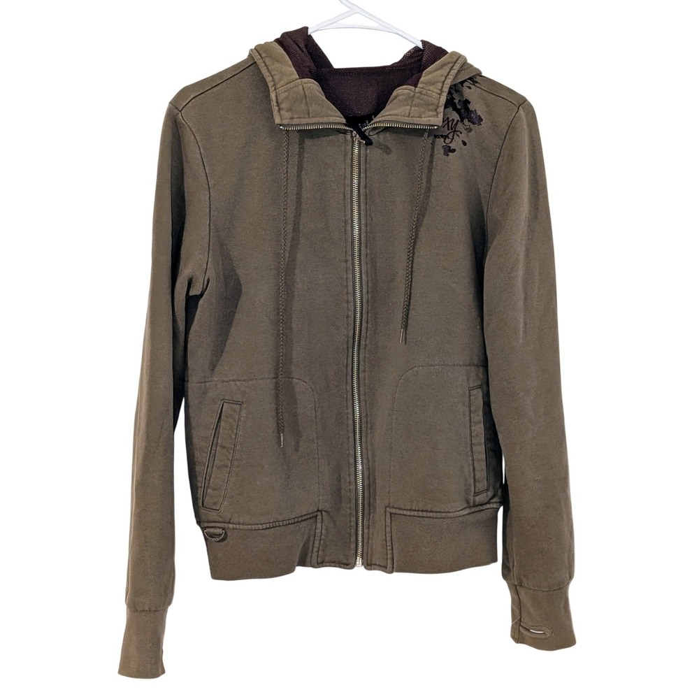 Roxy Womens Y2K Full Zip Hoodie Medium Olive Embroidered Graphic‎ Thumbhole